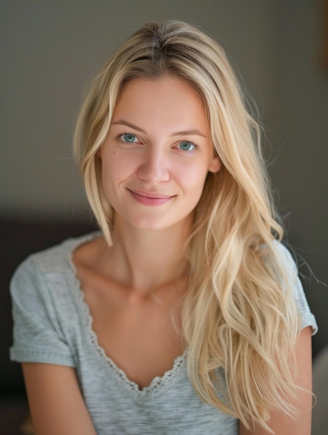 Smiling Young Woman with Natural Beauty and Long Blonde Hair