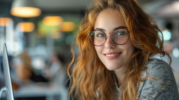 A smiling young woman with red hair and glasses is seated in an office showcasing a friendly and approachable demeanor