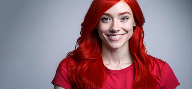 smiling young woman with red hair and red shirt posing over grey background advertising banner