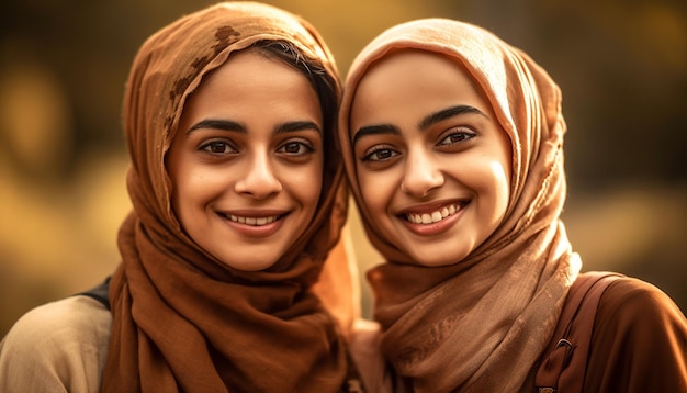 Smiling young women embrace in traditional hijabs outdoors generated by AI