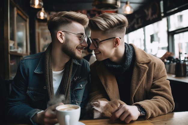 Smilling millenial lgbt couple drink and enjoying a cup of coffee in a coffee shop generative ai