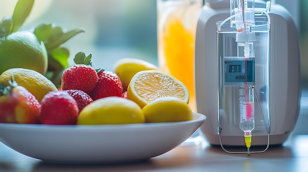 Photo smiths medical medfusion 4000 infusion pump beside bowl of fresh fruit representing intravenous