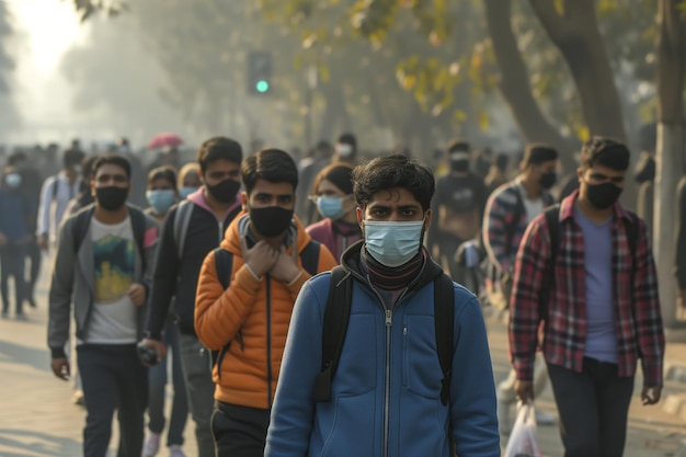 Smoggy air of a megapolis causing people to cough and gasp for breath