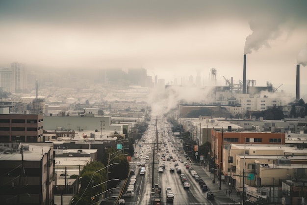 Smoggy cityscape with towering smokestacks and heavy traffic created with generative ai