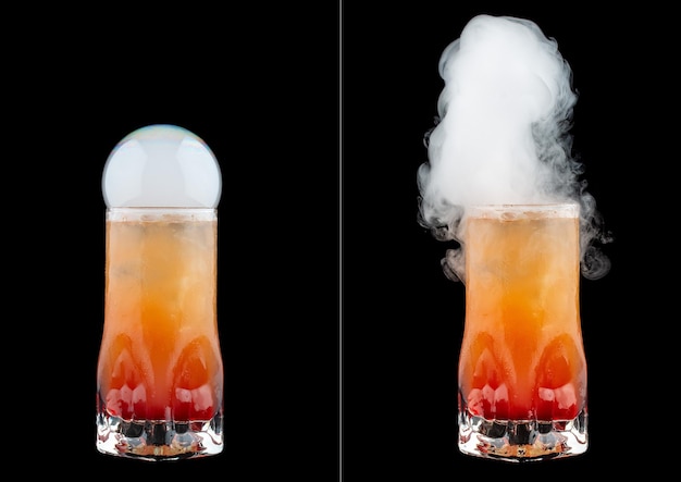 Smoke bubble orange cocktail on black background Before and after bubble burst Isolated