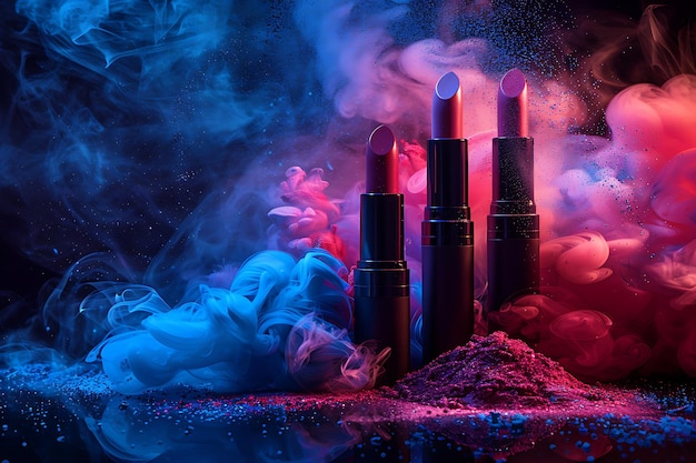 Smoke clouds and vape lipstick on dark background Light effects