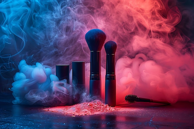 Photo smoke clouds and vape lipstick on dark background light effects