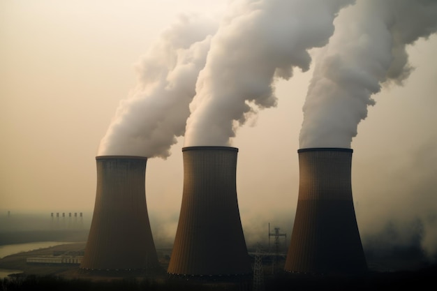 Smoke coming out of the cooling towers of a power plant