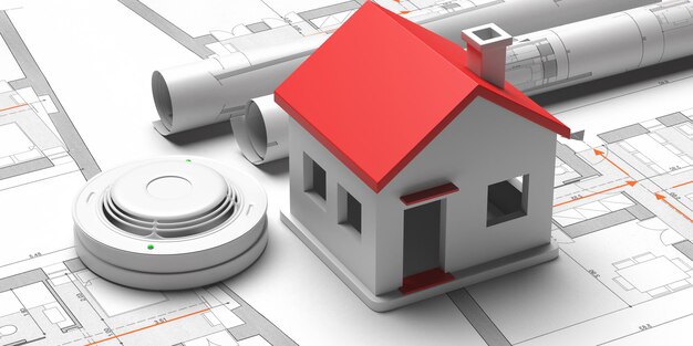 Smoke detector and small house on blueprint drawing background Fire safety system 3d illustration