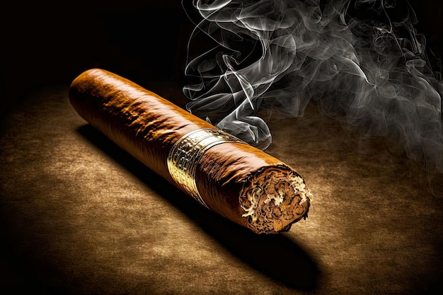 Smoke emanating from lit havana cigar on dark background