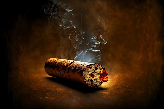 Smoke emanating from lit havana cigar on dark background