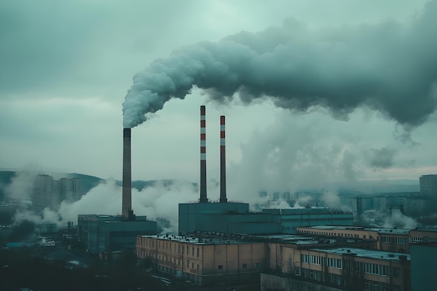 Photo smoke emitting industrial chimneys polluting the cloudy urban skyline