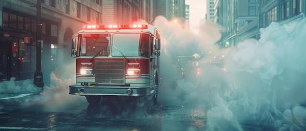 Smoke envelops a fire truck responding to an emergency in a city street