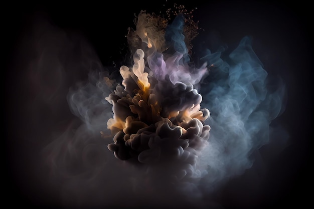 Smoke explodes on a dark black background empty space in the center fog effect Generative AI