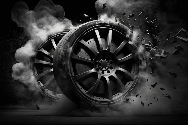 Smoke filled burnt out wheels against a dark background