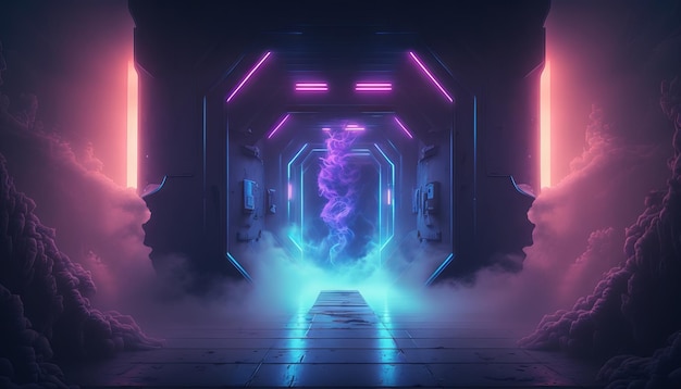 Smoke Fog Futuristic Hall Corridor with Neon Laser Led Blue Purple Glowing Tunnel Metal Reflection Generative ai