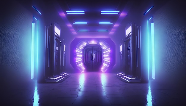 Smoke Fog Futuristic Hall Corridor with Neon Laser Led Blue Purple Glowing Tunnel Metal Reflection Generative ai