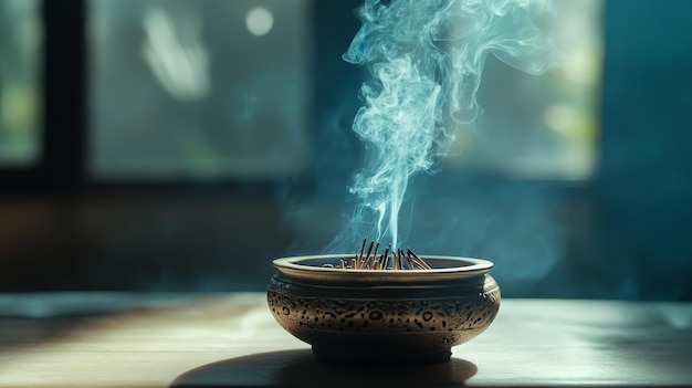 Photo the smoke from a smoldering incense burner enhances the serene atmosphere of a spiritual or meditative practice