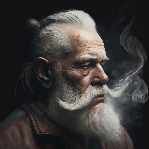 Smoke going out of an old man mouth with a white beard and long hair