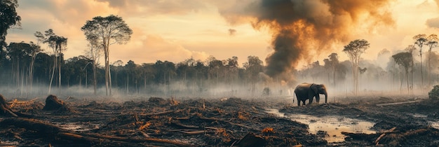 Smoke and haze envelop the forest as rare animals struggle for survival amid the devastation of deforestation Generative AI