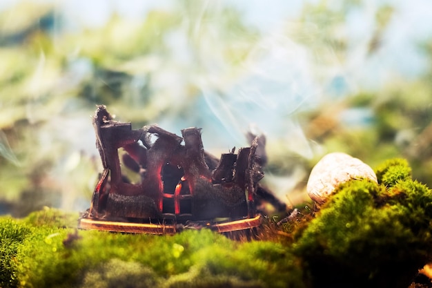 Smoke is coming from a burnt toy wooden house Consequences of the fire Fire concept Fire safety