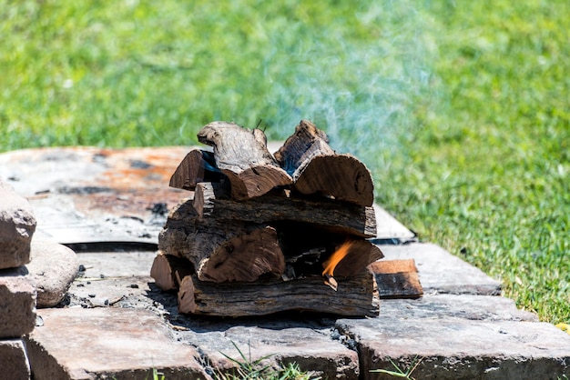 Smoke logs on fire typical argentinean food grilled meat grilled meat