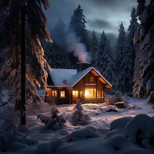 Smoke rises from the chimney of the house nestled among the snowcovered pines