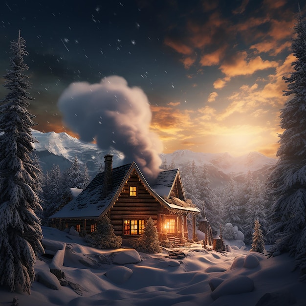 Smoke rises from the chimney of the house nestled among the snowcovered pines