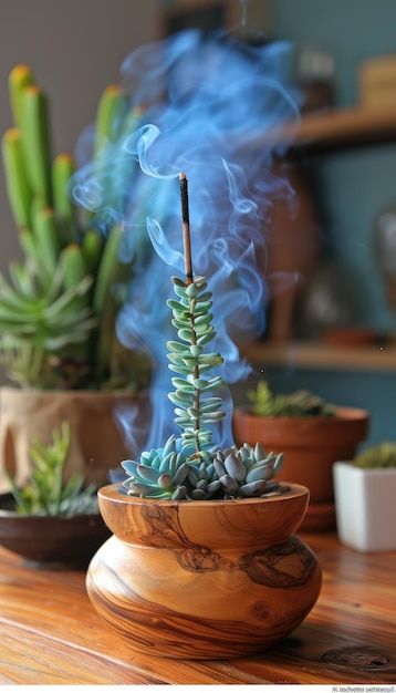 Photo smoke rising from an incense stick held by a wooden bowl of succulents on a wooden table