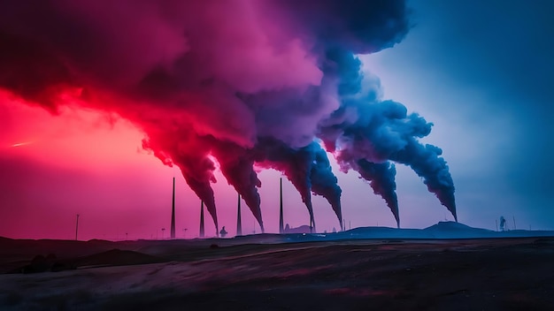 smoke stacks from a factory with smoke coming out of them