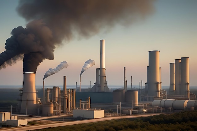 smoke stacks from the factory with smoke coming out of them