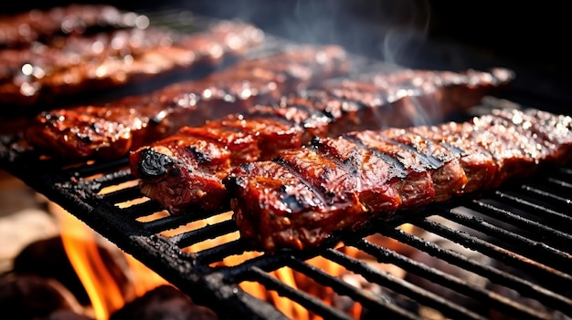 Smoked BBQ Ribs on Grill Egg Smoker Close Up AI Generative