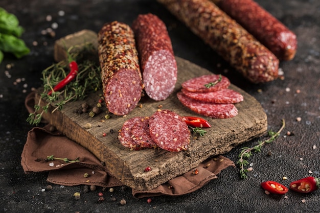 Smoked beef sausage in spices on a wooden board with a dark background. Side view. Vertical orientation with a copy space for the text.