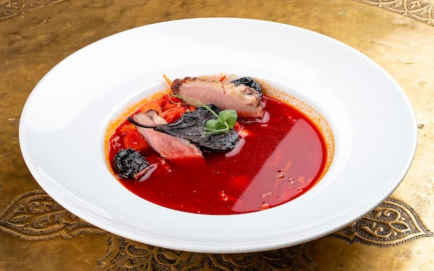 Smoked borscht with duck Classic retro Russian dish