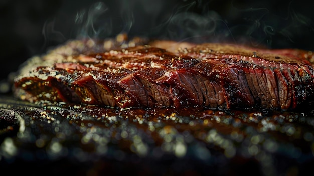 Photo smoked brisket closeup juicy tender grilled meat with rich flavor