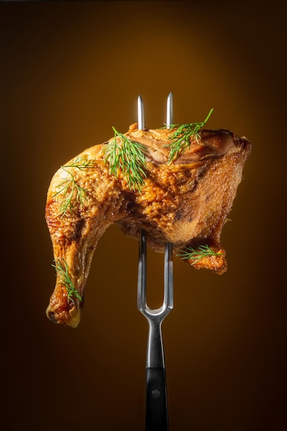 Smoked chicken thigh on a fork sprinkled with dill Menu for a restaurant or hotel