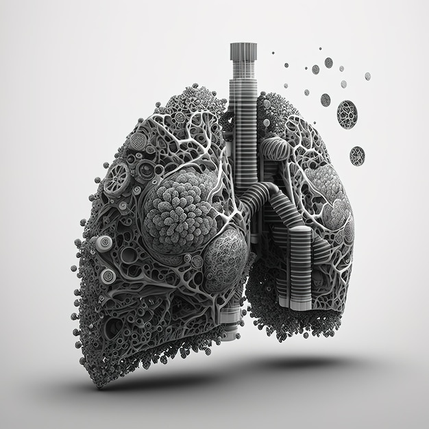 Smoked Iron, Metal, Gold, and Wood 3D Human Lung Illustration - Graphic Design Concept Isolated