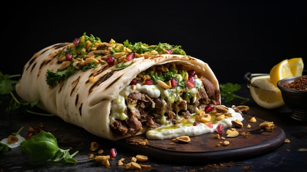 Smoked lamb shawarma roll with honey pistachios