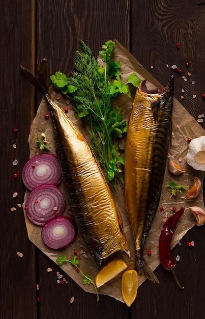 Smoked mackerel top view with spices on a wooden table no people selective focus