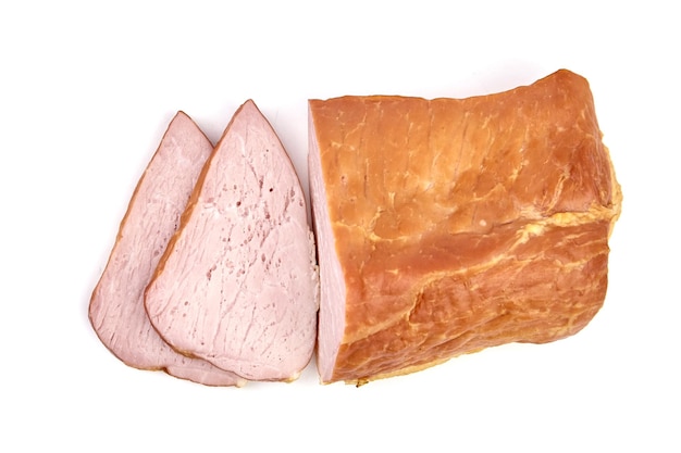 Smoked pork meat with slices isolated on white