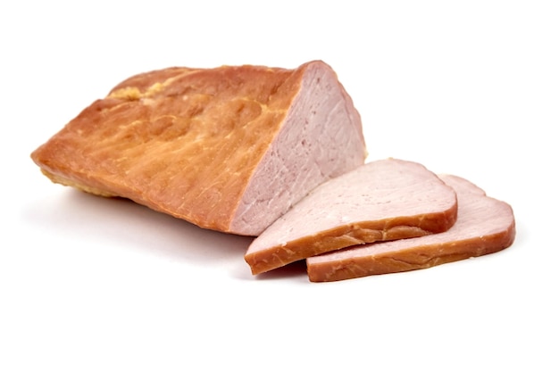 Smoked pork meat with slices isolated on white