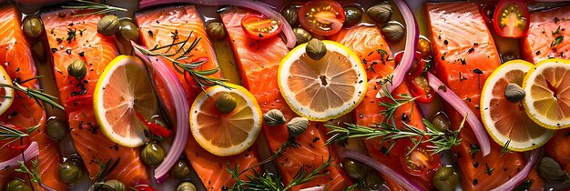 Photo smoked salmon platter with capers and lemon slices