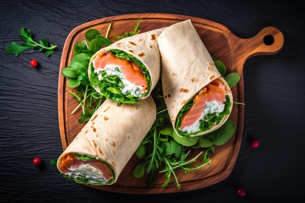 Smoked salmon rolls with cream cheese and salad served on a board top view