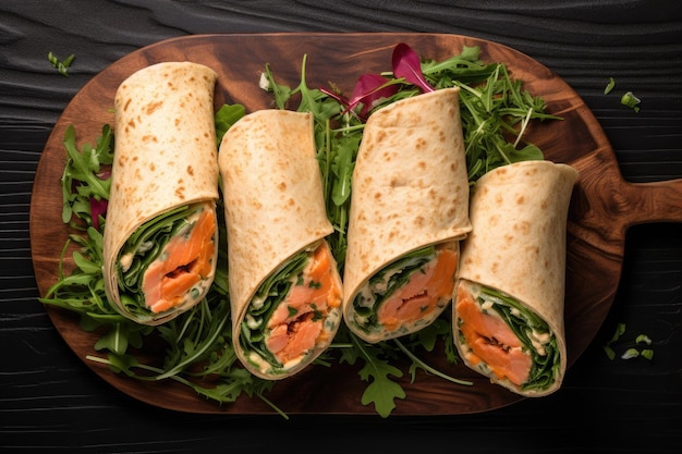 Smoked salmon rolls with cream cheese and salad served on a board top view