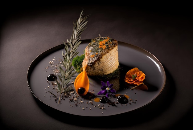 Smoked salmon with pumpkin leaves and edible flower petals, chef's cuisine, created with AI