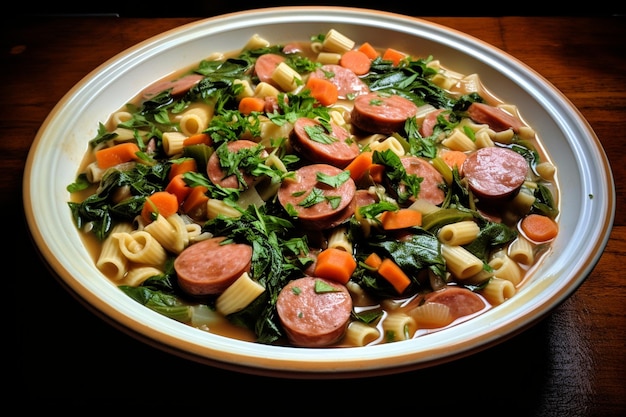 Smoked sausage minestrone italian soup with pasta and seasonal vegetables