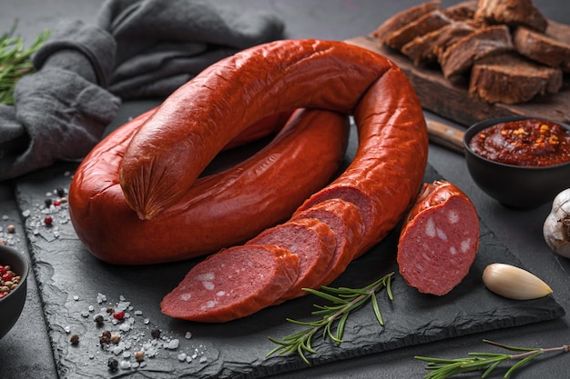 Smoked sausage with sliced pieces on a slate board with rosemary, garlic and spices. Side view, close-up.