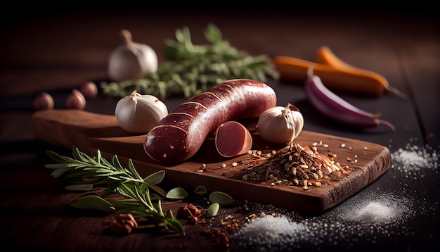 Smoked sausage with spices and herbs on a wooden backgroundgenerative ai