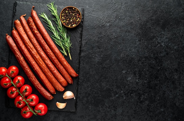 smoked sausages with spices on a stone background