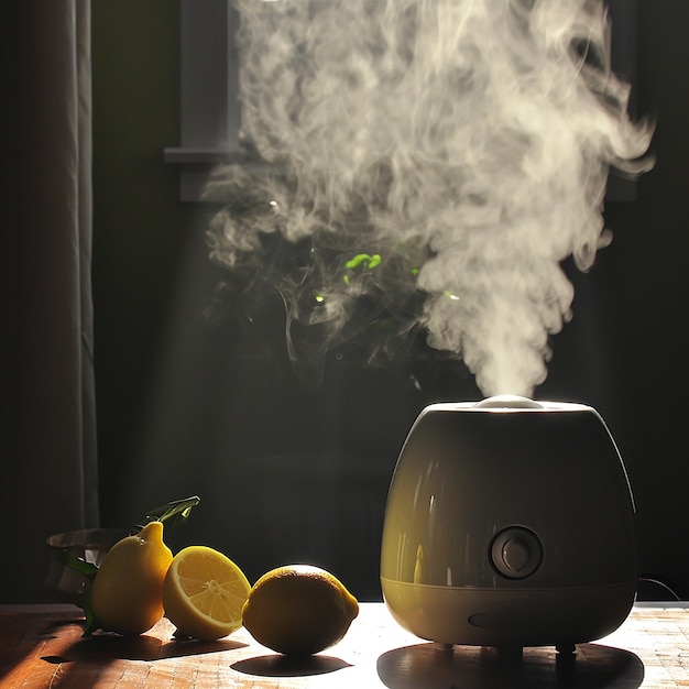 a smoker with a white circle on it sits on a table with lemons and lemons